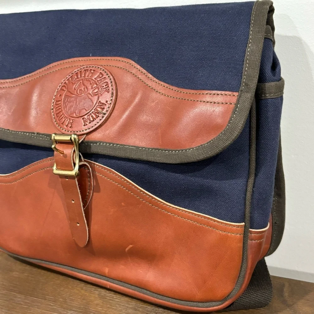Duluth Pack Field Satchel Blue Canvas Brown Leather Trim Messenger Crossbody